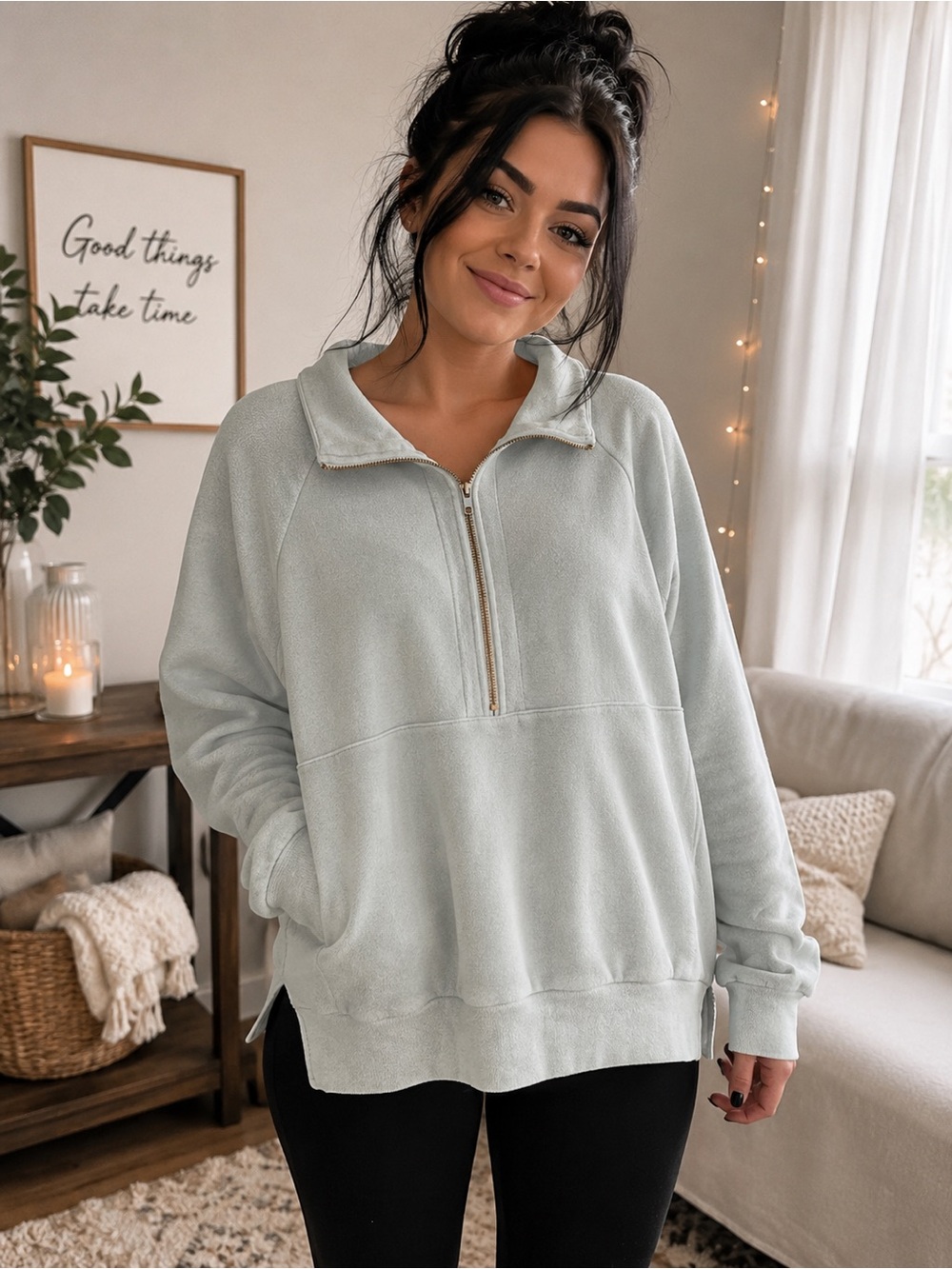 PINK Victoria's Secret Half-Zip Pullover Sweatshirt - Light Sage